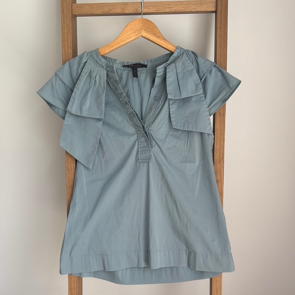 BCBGMaxAzria | Green Blue  Ruffled Short Sleeve Blouse Medium